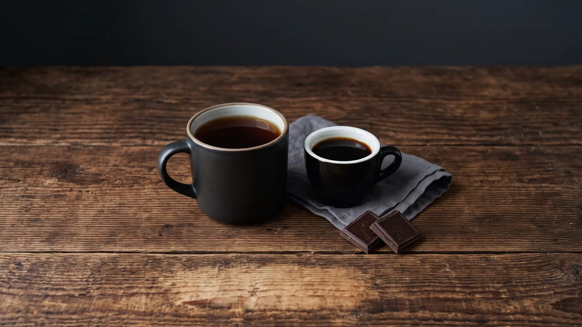 A mug of tea and a cup of coffee side by side with two squares of dark chocolate.