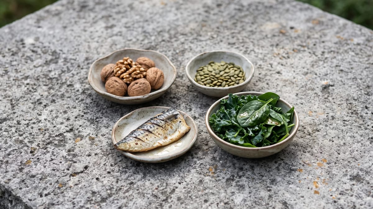 Small dishes of walnuts, pumpkin seeds, cooked mackerel and leafy greens.