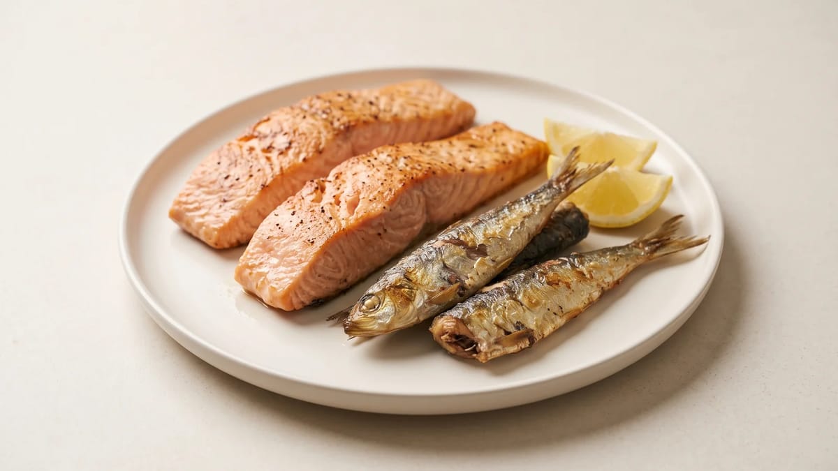 Cooked salmon fillets and sardines on a plate with lemon wedges.