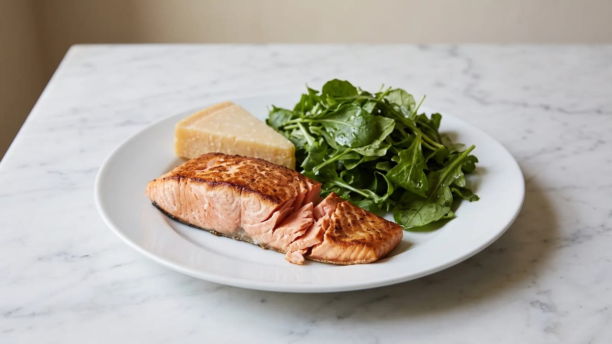 A plate holding cooked salmon, a wedge of hard cheese and washed salad leaves.