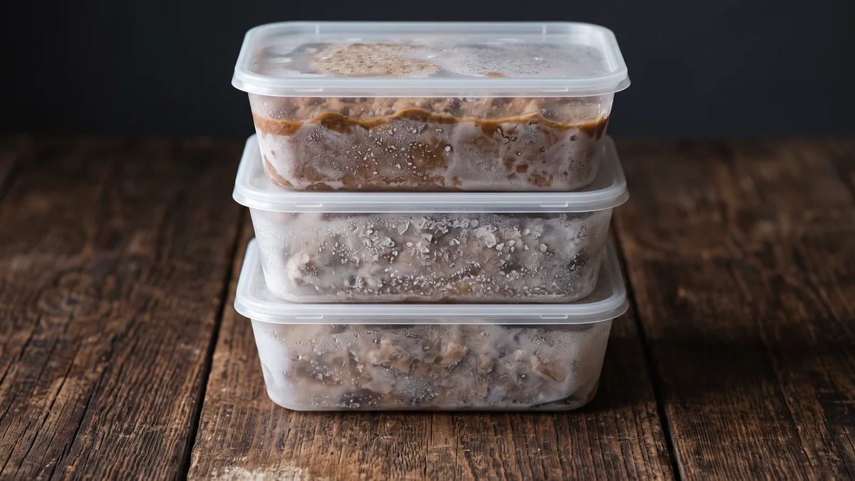 Three stacked containers of frozen cooked stew, frosted from the freezer.