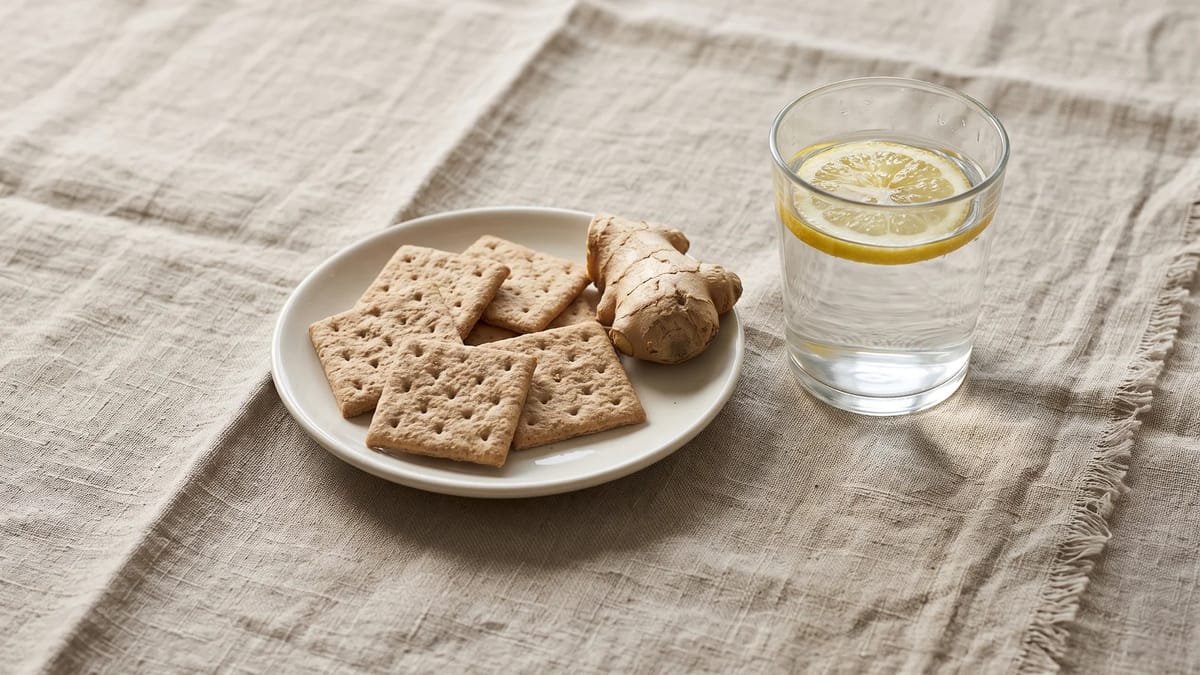 Plain crackers, fresh ginger root and a tumbler of water with lemon.