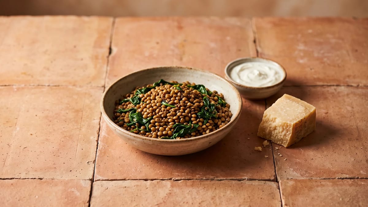 A bowl of lentils with spinach, a small dish of yogurt and a wedge of hard cheese.