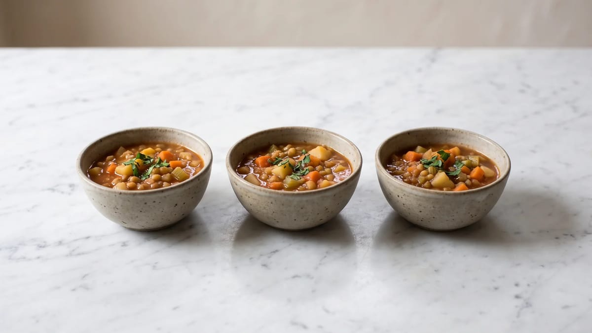 Three small bowls holding modest portions of a simple stew.