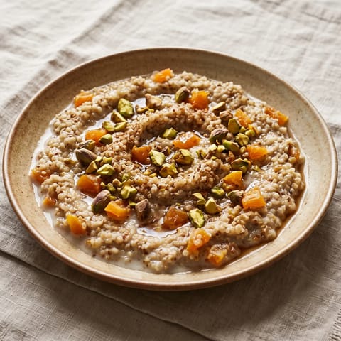 Apricot & Pistachio Breakfast Quinoa - Warm cinnamon quinoa with dried apricots and pistachios in fortified milk