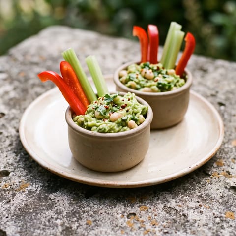 Avocado & White Bean Smash Cups - Avocado mashed with white beans, lime and cilantro into little pots with veg dippers