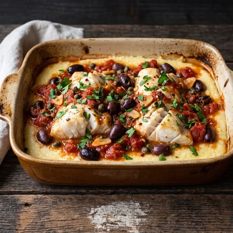 Baked Cod Puttanesca with Polenta - Cod baked in a punchy tomato, olive and caper sauce over soft Parmesan polenta