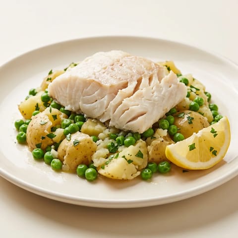 Baked Cod with Crushed Potatoes & Peas - Flaky white fish, buttery crushed potatoes and sweet peas