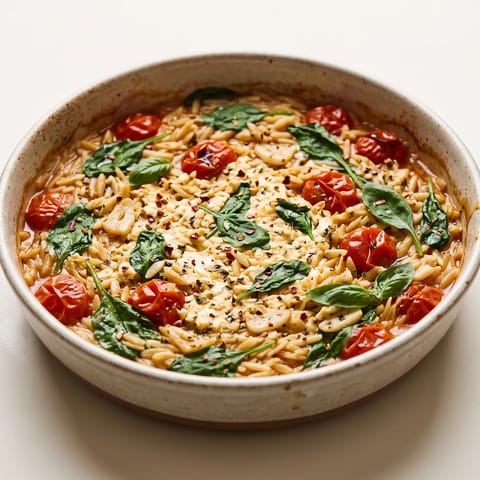 Baked Feta & Cherry Tomato Orzo - A whole block of feta baked amid bursting cherry tomatoes, stirred into orzo right in the dish