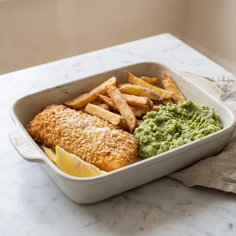 Baked Fish & Chips with Mushy Peas - Crisp oven chips, panko-crusted cod and proper minted mushy peas