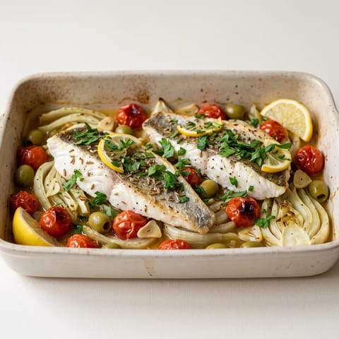 Baked Sea Bass with Fennel, Tomato & Olives - Whole sea bass fillets roasted over melting fennel, tomatoes and olives with lemon