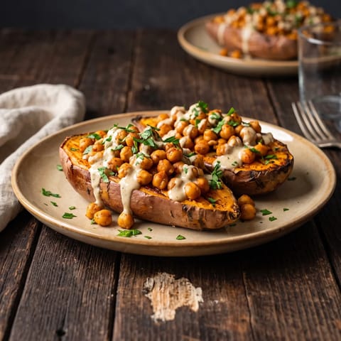 Baked Sweet Potato with Spiced Chickpeas & Tahini - A slow-burning, fiber-rich lunch with beta-carotene from the sweet potato and folate from the chickpeas.