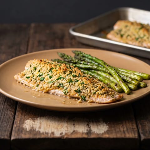 Baked Trout with Almond & Herb Crust - Trout fillets under a golden almond, lemon and parsley crust, roasted beside asparagus