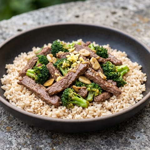Beef & Broccoli Stir-Fry with Brown Rice - Quick-seared beef and broccoli over brown rice