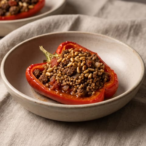 Beef & Bulgur Stuffed Peppers - Roasted peppers filled with spiced beef, bulgur and pine nuts
