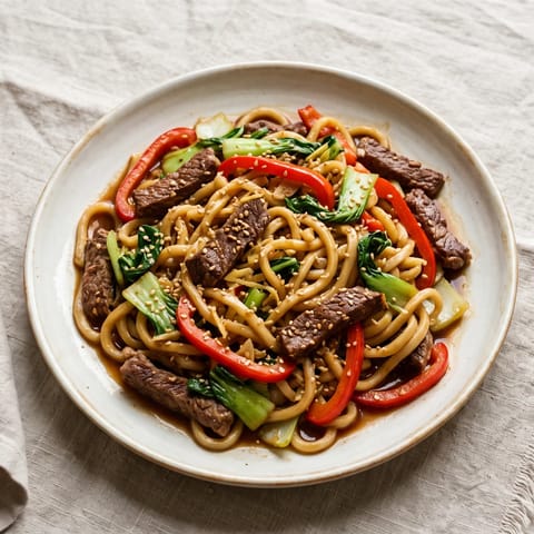 Beef & Vegetable Udon Stir-Fry - Chewy udon tossed with seared beef, peppers and bok choy in a glossy ginger-tamari sauce