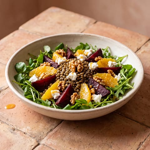 Beet, Orange & Puy Lentil Salad with Goat Cheese - Earthy lentils and beets with orange segments, goat cheese and walnuts
