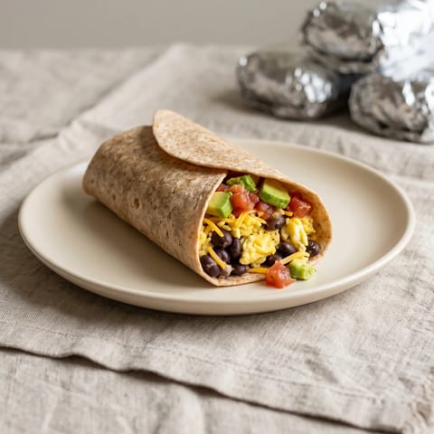 Big Batch Breakfast Burritos (Freezer) - Foil-wrapped freezer burritos of scrambled egg, black beans, cheese and salsa