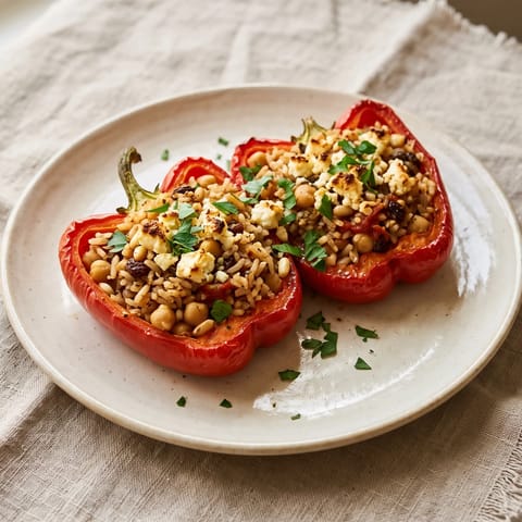Big Greek-Style Stuffed Peppers with Feta Crumb - Peppers packed with herby rice, chickpeas, raisins and pine nuts under a feta crumb