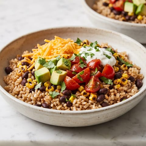 Black Bean & Corn Burrito Bowls - Spiced black beans, charred corn and rice with all the burrito fixings in a bowl