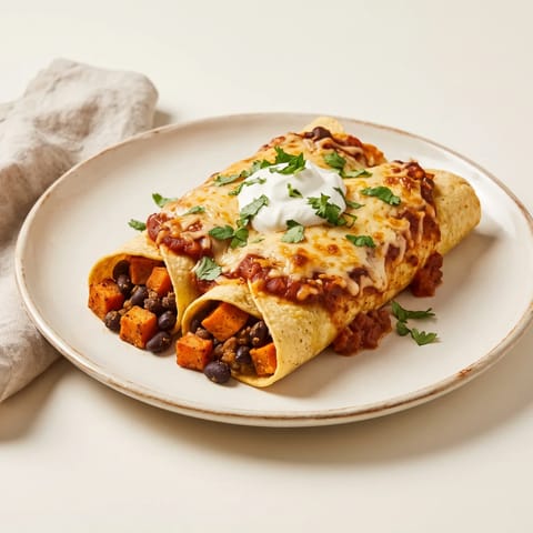 Black Bean & Sweet Potato Enchiladas - Tortillas rolled around spiced black beans and roasted sweet potato, baked under sauce and bubbling cheese