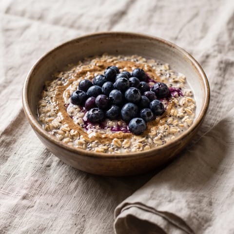 Blueberry & Almond Butter Overnight Oats - Overnight oats swirled with almond butter and heaped with blueberries