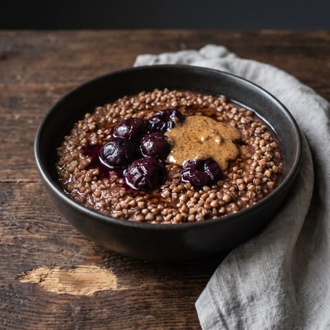 Buckwheat Porridge with Cacao & Cherries - Naturally gluten-free buckwheat simmered into a cocoa porridge and topped with dark cherries