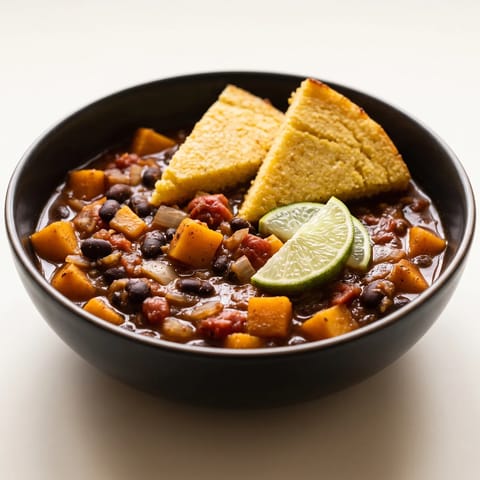 Butternut & Black Bean Chili with Cornbread-Style Polenta - A smoky butternut and black bean chili with baked polenta wedges standing in for cornbread