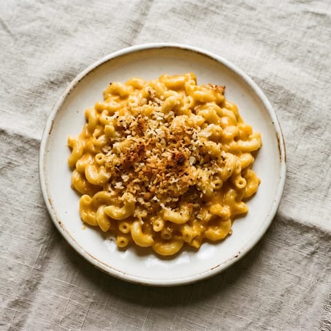 Butternut Mac & Cheese with Crispy Crumb - Mac and cheese where roasted butternut silkens the sauce, under a garlicky crumb