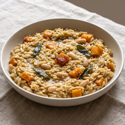 Butternut, Sage & White Bean Orzotto - Orzo cooked risotto-style with roasted butternut, sage and white beans, finished with Parmesan