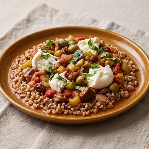 Caponata-Style Eggplant with Burrata & Farro - Sweet-sour Sicilian eggplant with celery, olives and raisins over farro, finished with torn burrata