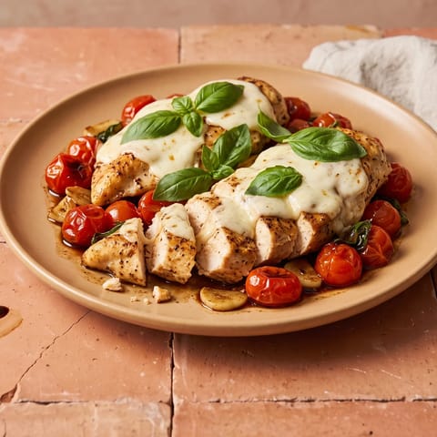 Caprese Chicken Skillet with Balsamic Tomatoes - Pan chicken smothered in mozzarella over burst balsamic tomatoes and basil