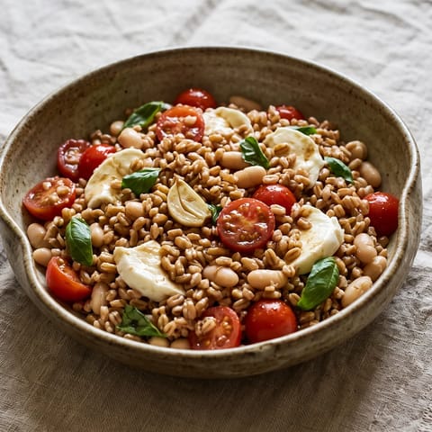 Caprese Farro Bowl with White Beans - Chewy farro with mozzarella, tomatoes, basil and white beans in a balsamic dressing
