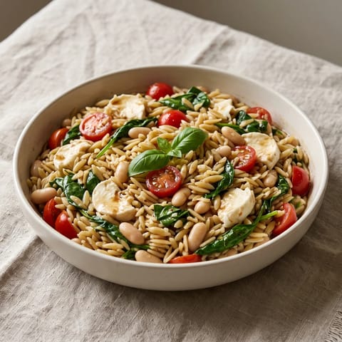 Caprese Orzo with White Beans & Spinach - Warm orzo folded with mozzarella, tomatoes, spinach and white beans