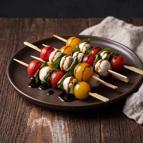 Caprese Skewers with Balsamic Glaze - Mozzarella pearls, tomatoes and basil on picks with a sticky balsamic drizzle