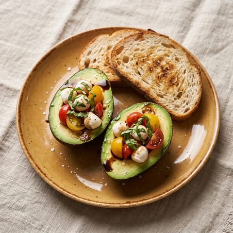 Caprese Stuffed Avocados with Balsamic - Avocado halves filled with mozzarella pearls, tomatoes and basil under balsamic