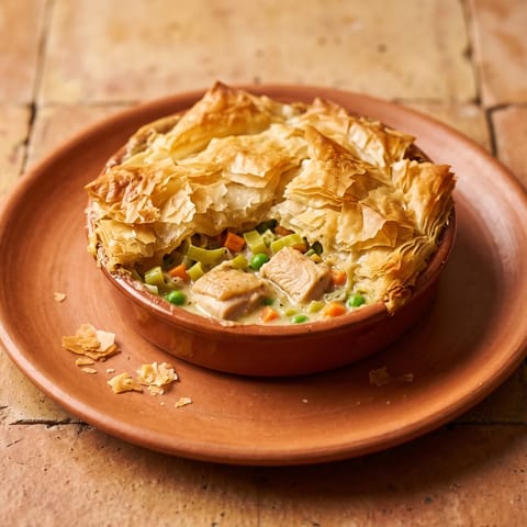 Chicken & Leek Pot Pie with Filo Crunch - Creamy chicken and leek filling under shattering filo sheets