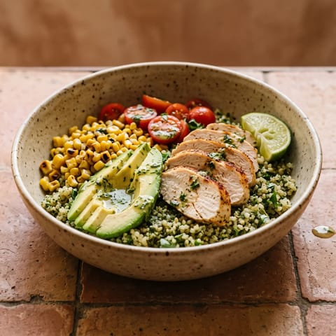 Chicken, Avocado & Quinoa Lunch Bowl - Herby quinoa under sliced chicken, avocado and charred corn with a lime dressing