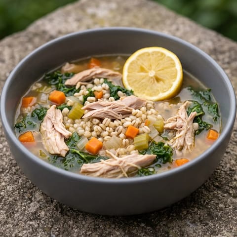 Chicken, Barley & Kale Soup - A restorative pot of chicken thighs, pearl barley and kale