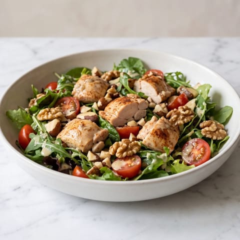 Chicken, Brazil Nut & Walnut Salad with Tahini - Paprika chicken over crisp leaves with Brazil nuts, walnuts and a lemony tahini dressing