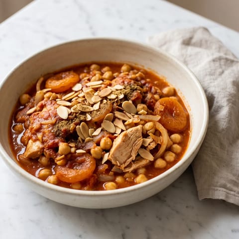Chicken, Chickpea & Apricot Tagine-Style Pot - Chicken thighs simmered with chickpeas, apricots and warm spices