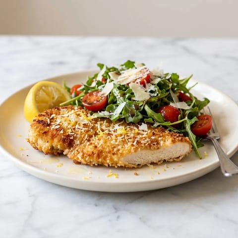 Chicken Milanese-Style with Lemon & Arugula (Baked) - Golden baked breaded chicken with a lemony arugula and Parmesan salad