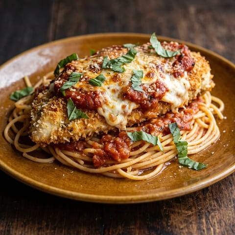 Chicken Parmigiana with Spaghetti - Crumbed chicken baked under tomato sauce and molten mozzarella with spaghetti