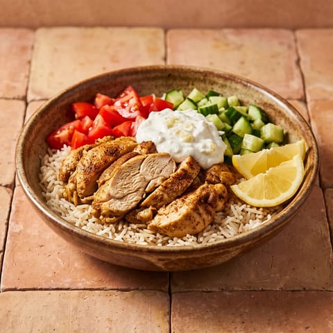 Chicken Shawarma-Style Bowls with Garlic Yogurt - Spiced roast chicken thighs over rice with tomatoes, cucumber and garlic yogurt