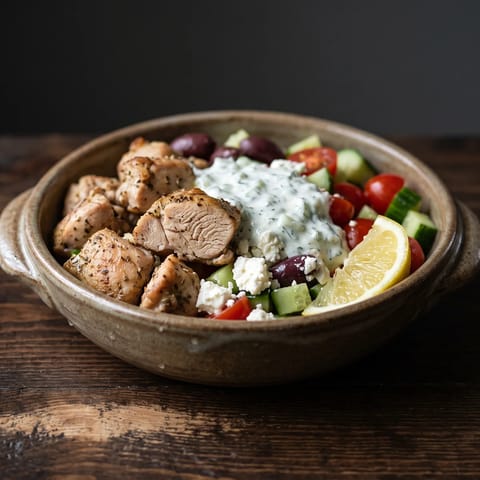 Chicken Souvlaki Bowls with Tzatziki - Lemon-oregano chicken over a full Greek salad with garlicky tzatziki