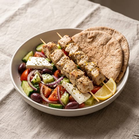 Chicken Souvlaki-Style Skewers with Greek Salad & Pitas - Lemon-oregano chicken skewers with a proper Greek salad and warm pitas