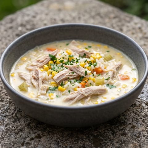 Chicken, Sweetcorn & Rice Soup (Big Batch) - A gently creamy chicken, sweetcorn and rice soup made in quantity
