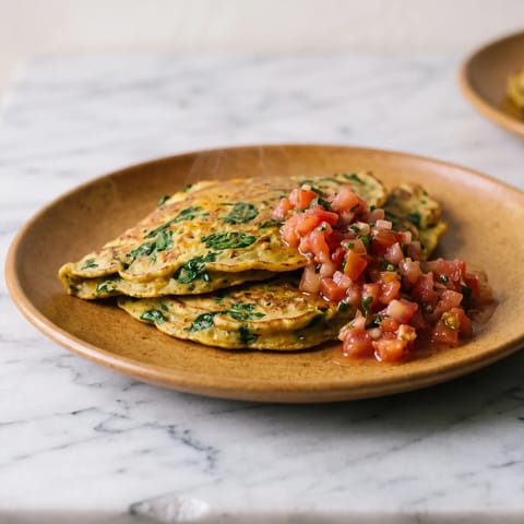 Chickpea Flour Pancakes with Spinach & Tomato - Savory gluten-free pancakes from chickpea flour, griddled with spinach and served with a quick tomato salsa