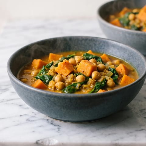 Chickpea, Spinach & Sweet Potato Curry - A gently spiced coconut curry of chickpeas, sweet potato and spinach