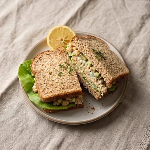 Chickpea 'Tuna-Style' Salad Sandwiches - Mashed chickpeas with yogurt, dill and celery in soft whole-grain bread